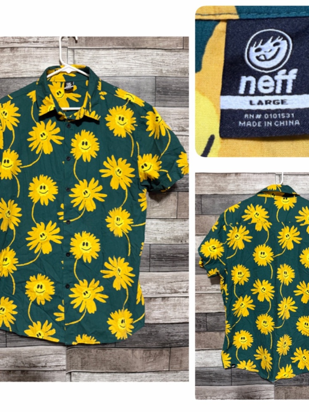 Neff Sunflower Short Sleeve Button Up Shirt Men’s L Green Yellow